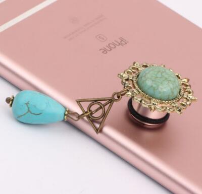 stainless steel new arrival tunnels plugs ear plugs tassel tunnels Harry Porter the Deathly Hallows triangle Turquoise tear dropbody jewelry