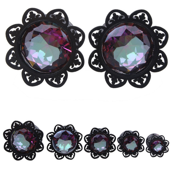 Hollow Out Acrylic Black Flower Design Saddle Ear Plug Tunnel Jewelry Body Piercing 9-16mm