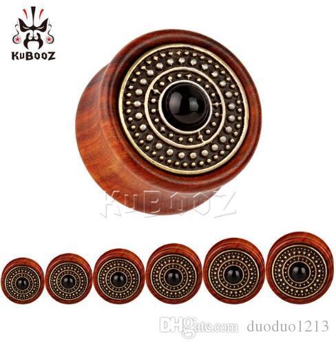 54pcs/lot hot sale new arrival 2018 Kubooz piercing red sandalwood with bronze coin ear piercing plug body jewelry tunnels wholesale gauges