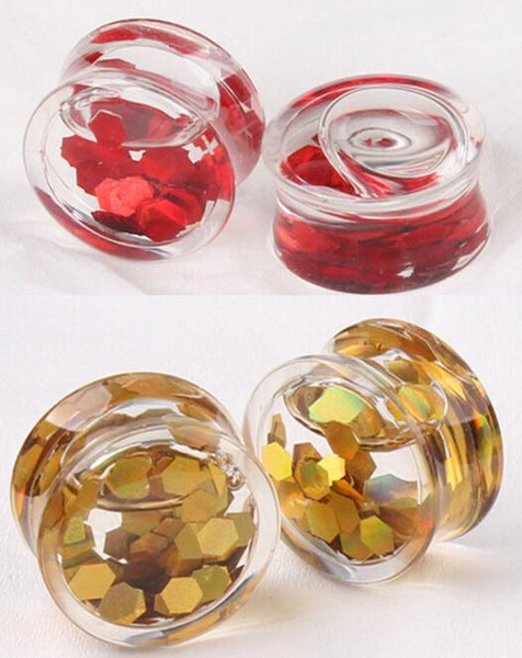 New Style Red Gold Round Slices Liquid Transparent Acrylic Ear Plug Flesh Tunnel Body Jewelry 8mm 10mm 12mm 14mm 16mm 18mm