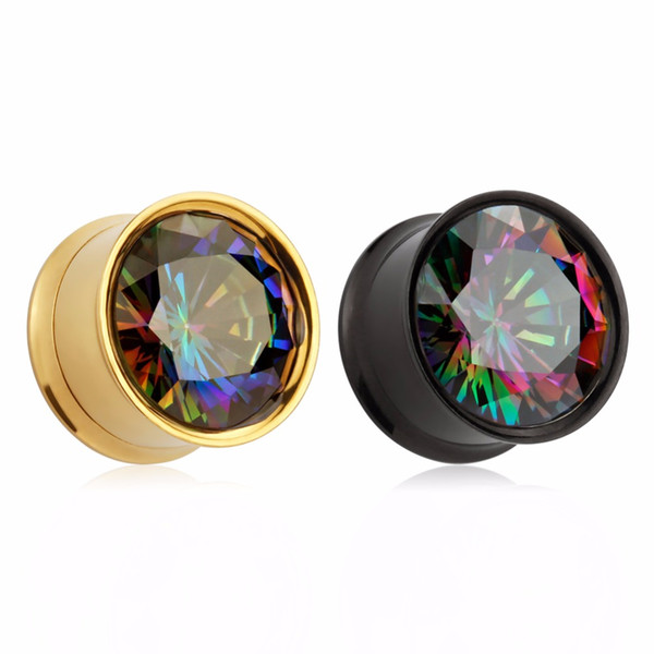 2018 new arrival double flared stainless steel black and gold zircon ear plugs tunnels wholesale expander body jewelry piercing