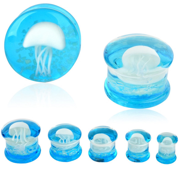 2pcs Blue Glass Ear Plug white Jellyfish Ear piercing Double Flared Translucent Bright Ocean Body Jewelry 8-16mm