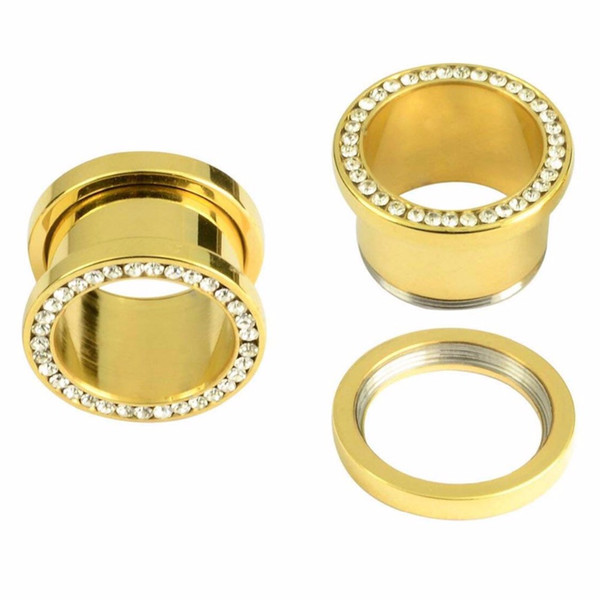 Wholesale Rim CZ Gem Stainless Steel Anodized Gold Screw Fit Ear Gauge Plugs Flesh Tunnels 80 Pieces 4mm-16mm SRP003