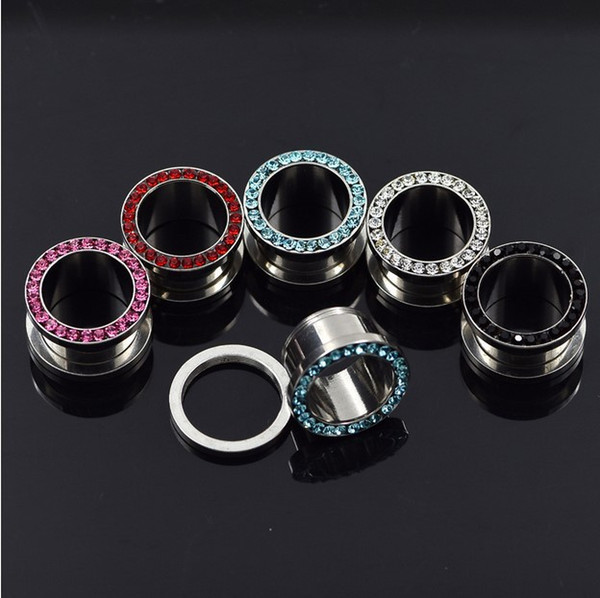 Wholesale CZ Gem Rim Steel Ear Flesh Tunnels Double Flare Screw Fit Ear Gauge Plugs 20pcs