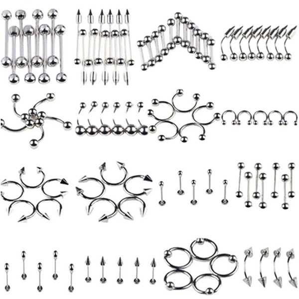 Wholesale 85PC/lot Stainless Steel Mixed Body Piercing Jewelry Tongue lip Eyebrow Nose Belly Ring 85pcs/set