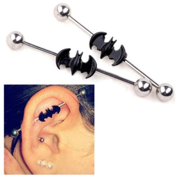 1.6x38x6mm 14G Fashion Stainless Steel Long Industrial Barbell Ear Nail Black Bat Earring Body Piercing Jewelry