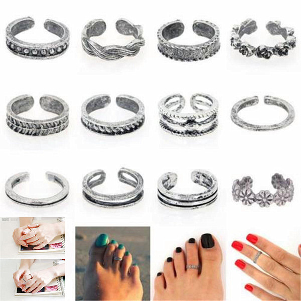 12Pcs/set Celebrity Women Fashion Toe Ring Adjustable Foot Finger Beach Jewelry Silver