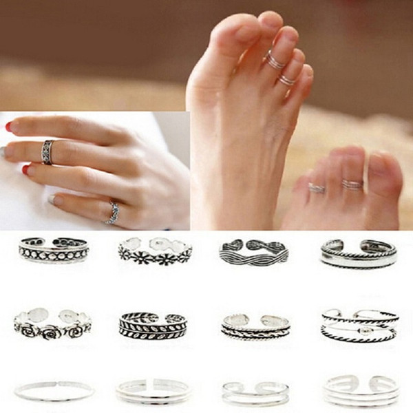 12pcs/Lots Rings Sets Mix Celebrity Adjustable Retro Carved Flower Silver Plated Toe Foot Finger Ring Women Summer Punk Jewelry