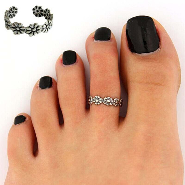 Women Toe Rings Celebrity Vintage Flower Carved Band Ring Silver Plated Adjustable Foot Jewelry Beach Retro Style Body Jewellry Tail Rings