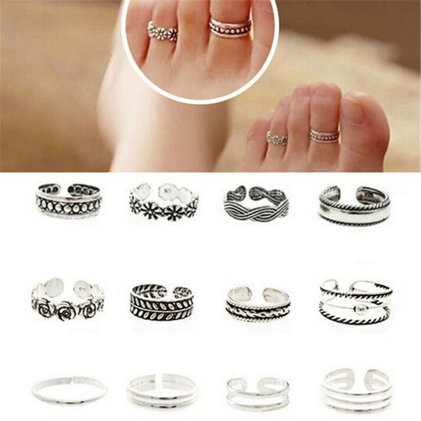 12pcs/lot Women Lady Unique Adjustable Opening Finger Ring Fashion Simple Sliver Plated Retro Carved Flower Toe Ring Foot Beach Jewelry