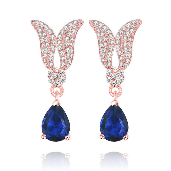 Solid S925 Silver Drop Earrings For Women Wing Vintage Water Drop Multicolor Cubic Zirconia 18K Rose Gold Plated Fine Jewelry