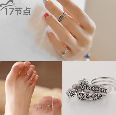 Women Lady Unique Adjustable Opening Finger Ring Fashion Simple Sliver Plated Retro Carved Flower Toe Ring Foot Beach Jewelry