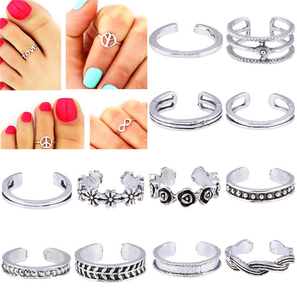 Women Jewelry Drop 2017 Trendy 12PC/Set Wholesale Mix Celebrity Fashion Simple Retro Carved Flower Adjustable Toe Ring Foot