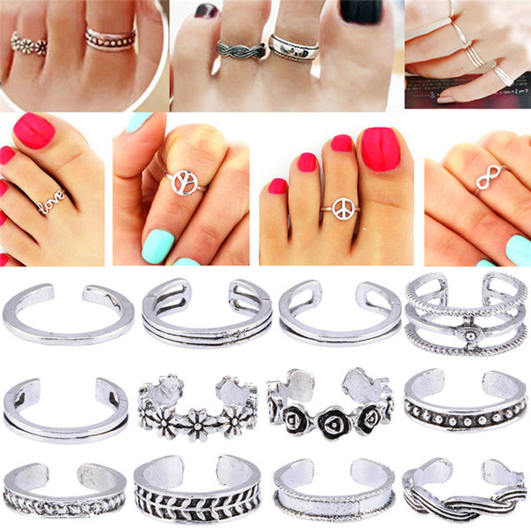 12Pcs/Set Mix Toe Ring Set Fashion Retro Carved Flower Adjustable Toe Foot Rings For Women Open Finger Ring Jewelry Z574