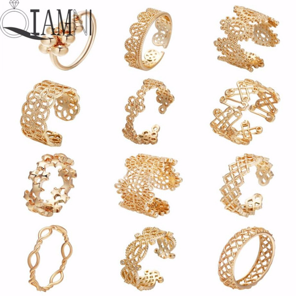 QIAMNI Gold Color Flower Stackable Finger Ring Wedding Women's Cocktail Hollow Geometric Toe Foot Ring Party Jewelry Bague Femme