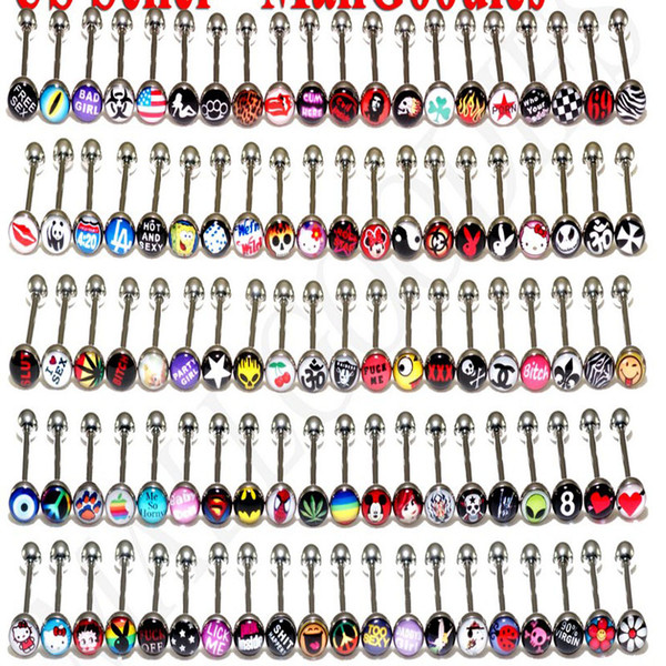 316l Stainless Steel Tongue Ring Mix 45 -50 Different Logo 50pcs /Lot Nipple Bar Body Jewelry Piercing Tongue