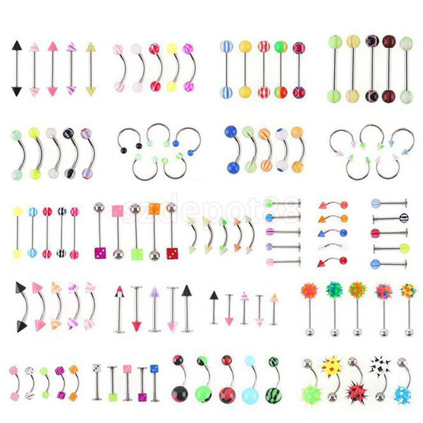 110pcs /Lot Mixed Style Body Piercing Fashion Jewelry Eyebrow Navel Belly Tongue Lip Barbell Ring