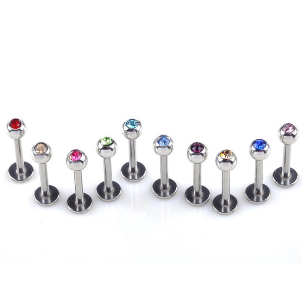 100pcs /Lot 18g 1 .0 *14 *4mm Stainless Steel Crystal Ball Lip Stud Labret Tragus Ring Nose Labret Tongue Rings Body Piercing