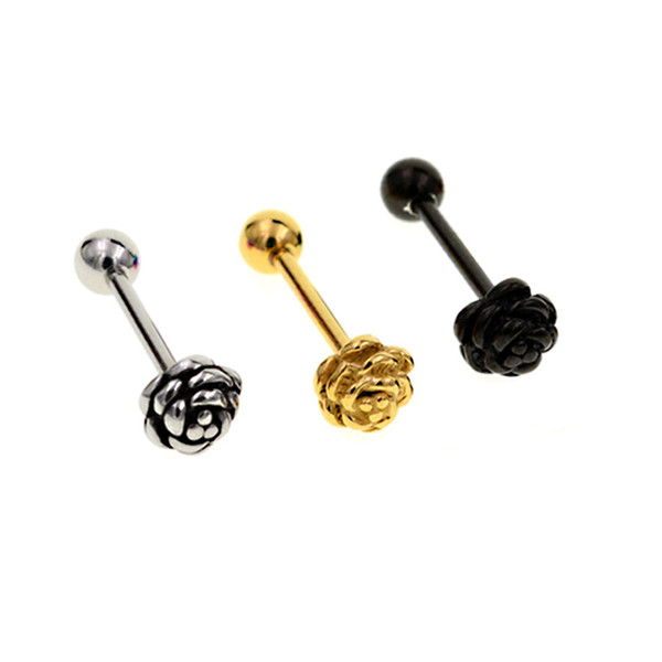 Trendy Punk Gold Black Silver 14G Titanium Steel Rose Flower Tongue Rings Tongue Nail Barbell Ring Nipple Body Piercing Jewelry Love Gift