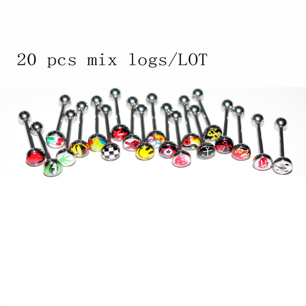 D0523-1 ( 20 mix logos ) Nice style body piercing jewelry TONGUE RING 20 pcs MIX Styles (1 lot ) drop shipping factory price