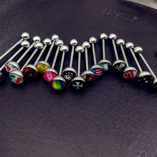 100pcs mix Logo style Tongue Piercing Barbell Bars Piercing Tongue Rings Stainless Steel Punk Fashion Body Jewelry