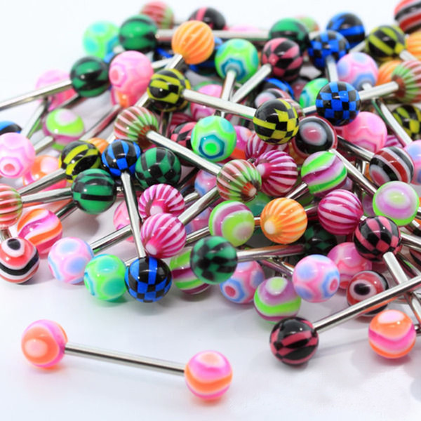 New Fashion 20pcs/lot Women DIY Colorful Stainless Steel Ball Barbell Tongue Rings Bars Piercing Jewelry Cosmetic Multicolor