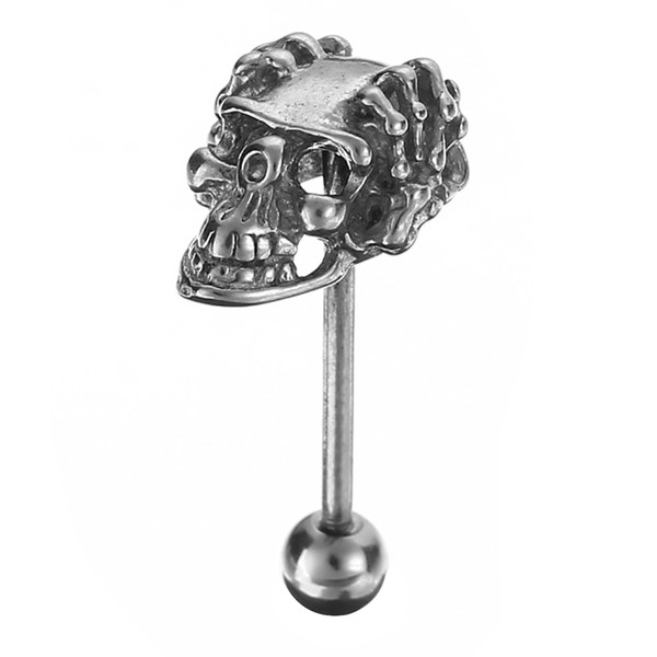 Fashion Tongue Piercing Vintage Silver Color Stainless Steel Skull Hand Bar Barbell Tongue Stud Piercing Jewelry Men