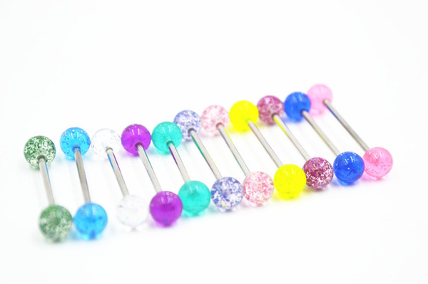 Lot100pcs Acrylic Ball Glitter Styles Tongue/Nipple Ring Bar Barbells Body Jewelry 14g Mix colors