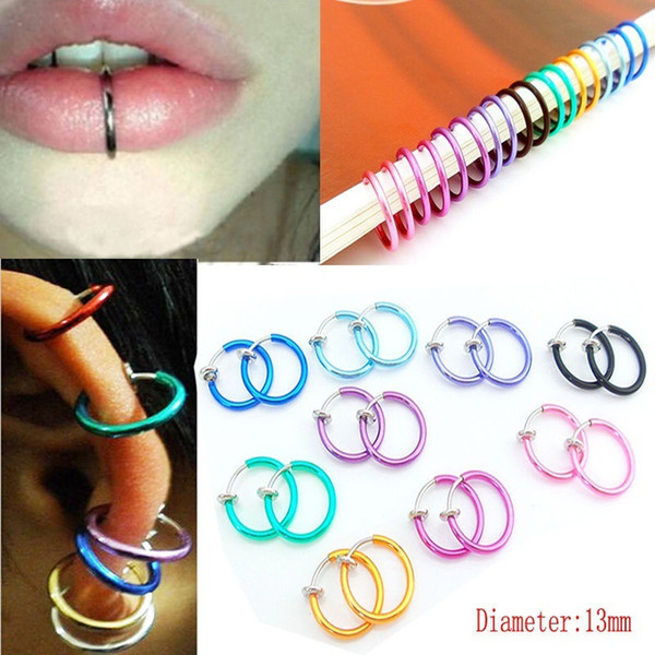 Dia 13mm 316L Unisex Tongue Ring Goth Punk Clip On Fake Piercing Body Nose Lip Rings Hoop Ear Tongue Rings Hiphop Jewelry