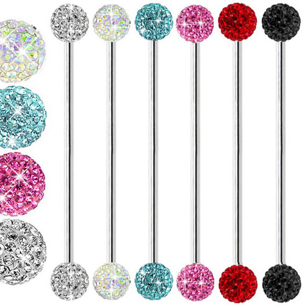 Body Jewelry Wholesales 30pcs Shamaballa Ball Steel Tongue Rings10 Color Ear Piercings Jewelry Industrial Barbell