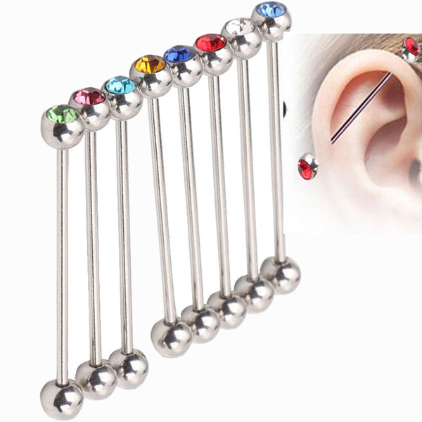 Industrial ear ring T32 MIX 11 colors 100PCS/lot stainless steel crystal piercing jewelry industril barbell ring