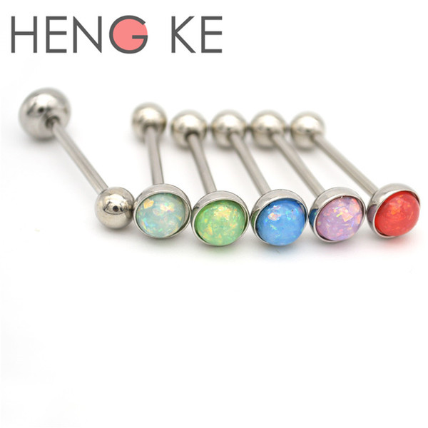 Opal Tongue Bar 316l Surgical Steel Ball White Green Stone 14g Straight Barbell Rings Wholesale Body Piercing Jewelry Multicol