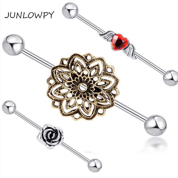 Industrial Barbell Hollow Flower 38mm Cartilage Earring 14G Cartilage Jewelry Piercing Earring