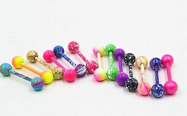 Free Shipping 100pcs Body Jewelry Piercing Tongue Ring Barbells Nipple Bar 14g ~1 .6mmx16mmx6mm Mix Nice Colors