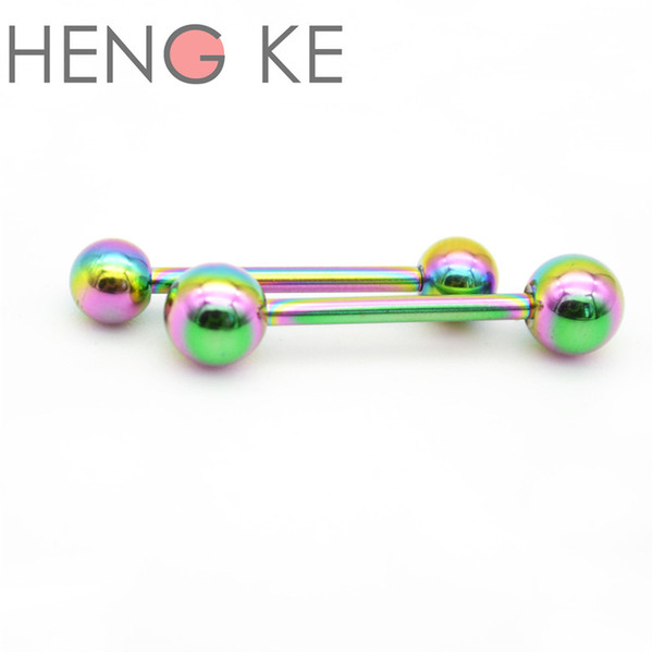 Rainbow Straight Barbell Tongue Bar Rings 316L Surgical Steel Titanium Body Piercing Jewelry Fashion Stud 14G 16mm Rock Punk