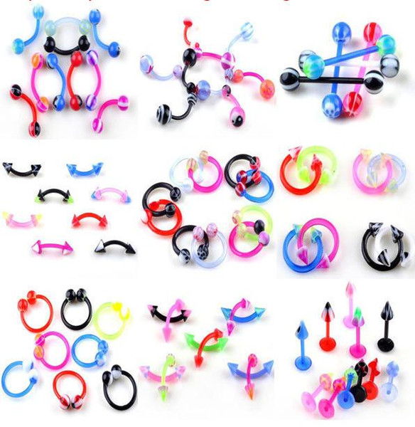 110pcs Mix 11styles Fashion Body Piercing Jewelry Flaxible Barbell Acrylic Ball /Cone Tongue Rings Labret Lip Eyebrow Belly Rings