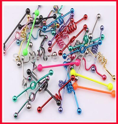 Wholesale100pcs Mix Style Mix Color Body Piercing Jewelry Stainless Steel Fashion Tongue Industrial Barbell