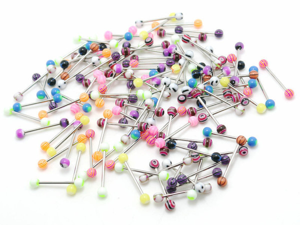 Star Heart Fire Skull Etc Tongue Rings Mix Colors 100pcs Body Piercing Jewelry Stainless Steel Barbell Acrylic 5mm Ball Earring