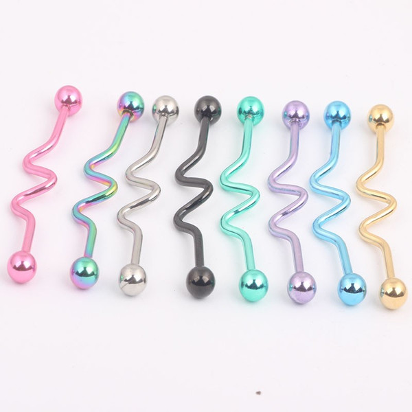 14G Sexy Body Piercing Ear Jewelry Anodized Wave Industrial Barbell Earring Women And Man Long Tongue Ring Bar Mix Color 40pcs/LOT