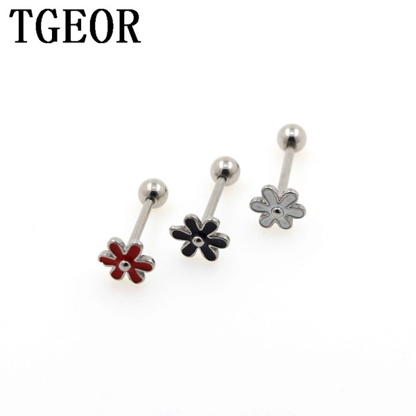 New Hot Wholesale 20pcs Mixed Colors Tongue Barbell Stainless Steel Flower Drop Oil Piercing Tongue Ring Free Shipping