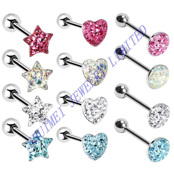 Shuimei 120pcs Expoxy Ferido Cz Gem Star ,Heart Dome 316l Stainless Steel Barbell Tongue Ring Piercing Body Jewelry Fashion New