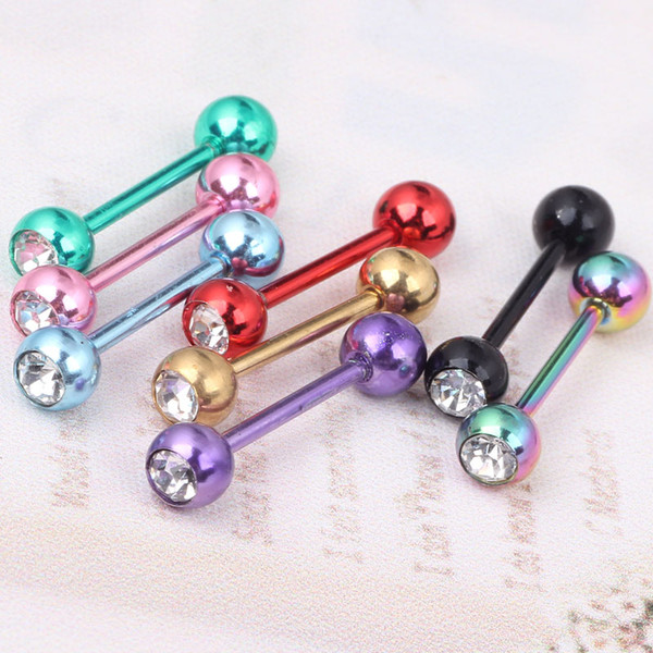 Body jewelry big wholesale free shipping 210pcs/lot mix 7color steel anodized crystal tongue rings tongue bar tongue piercing