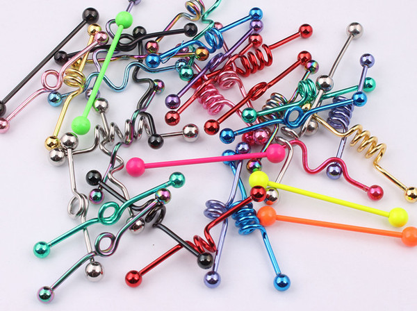 Wholesale 50pcs Mix Style Mix Color Body Piercing Jewelry Stainless Steel Fashion Tongue Industrial Barbell