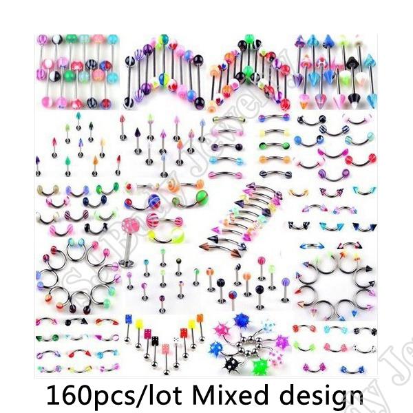 160pcs /Set Body Piercing Assorted Mix Lot Kit 14g 16g Ball Spike Curved Sexy -Belly Rings Ear Tongue Pircing Barbell Bars Ombligo