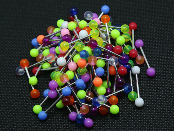 Tongue Rings Mix Colors 100pcs Body Piercing Jewelry Stainless Steel Barbell Acrylic 5mm Ball Earring