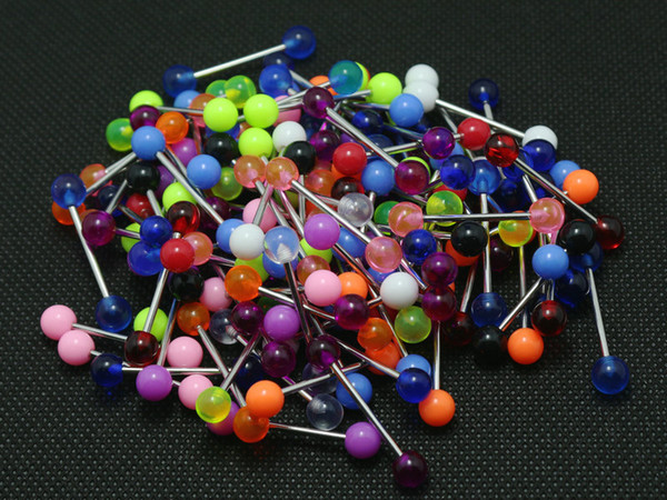 Tongue Rings Mix Colors 100pcs Body Piercing Jewelry Stainless Steel Barbell Acrylic 6mm Ball Earring