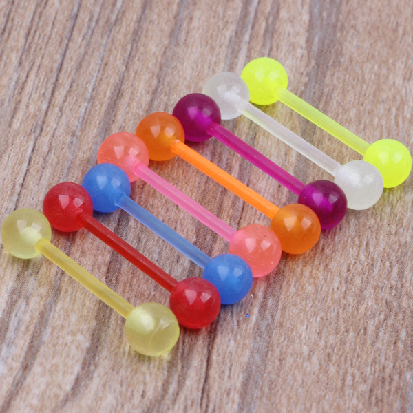 Mix 8 Colors Wholesales Body Jewelry Uv Acrylic 100pcs /Lot Tongue Rings Glow In Dark Barbell Piercing