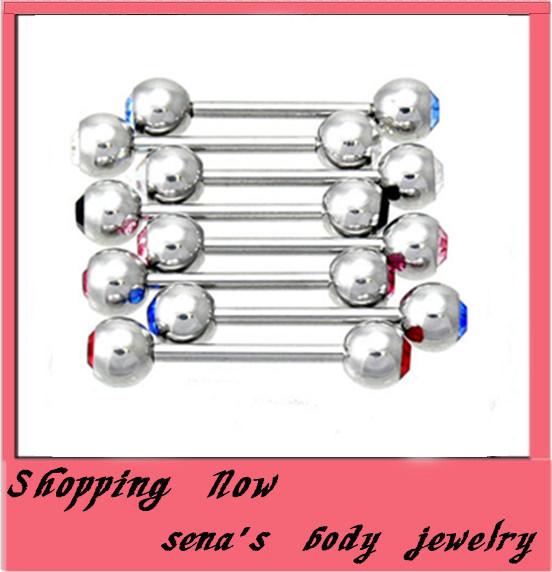 Double Gem Tongue Barl Free Shipping Mix 10colors 200pcs /Lot Body Piercing Jewelry Stainless Steel Tongue Ring Body Jewelry