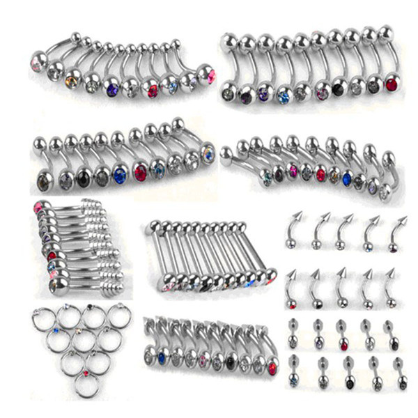 100pcs /Set Punk Stainless Steel Crystal Tongue Belly Lip Eyebrow Nose Barbell Rings Body Piercing Jewelry 10 Styles