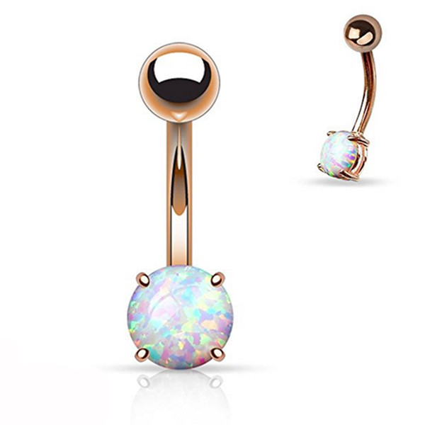 Showlove-1pc Rose Gold Prong Set Opal Gem Navel Belly Button Rings Piercing Bar Charming Body Jewelry 14G